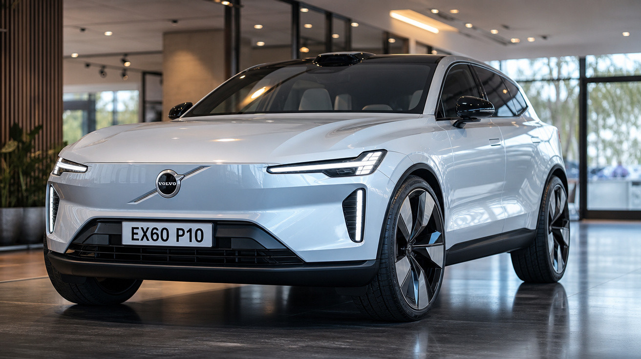 Carro elétrico Volvo EX60 P10 branco estacionado em ambiente interno moderno e iluminado.