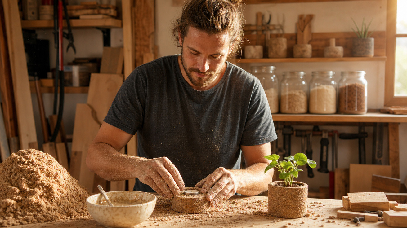 Homem em oficina fazendo vaso ecológico artesanal com terra e planta pequena sobre bancada de madeira.