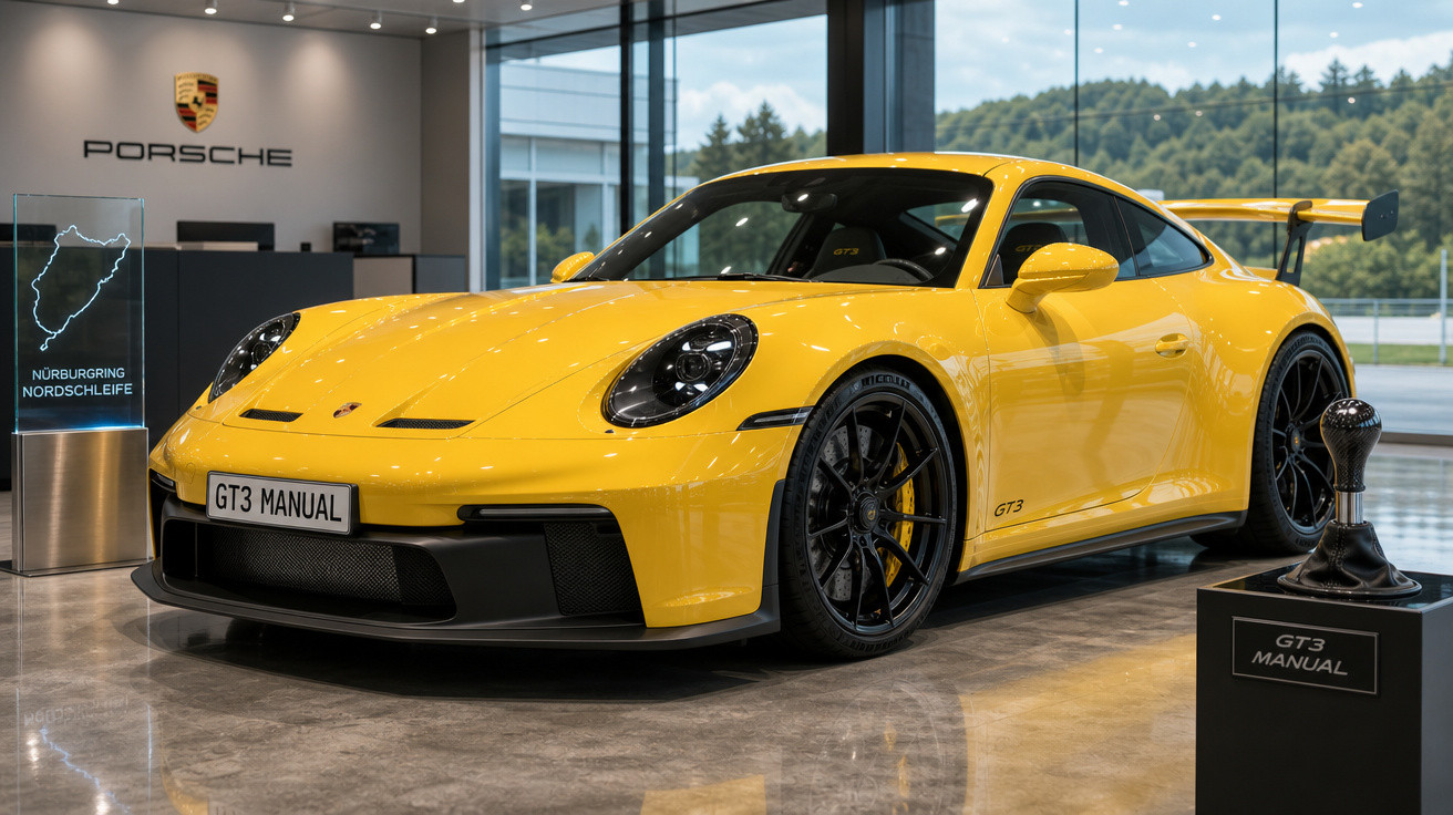 Carro esportivo amarelo Porsche GT3 Manual exibido em showroom moderno com detalhes em preto.