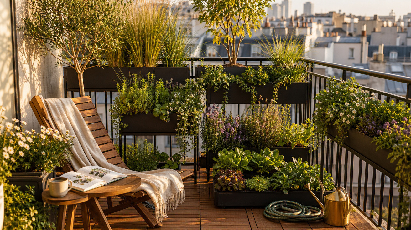 Varanda com plantas variadas, cadeira de madeira, mesa pequena com livro, xícara e regador dourado.