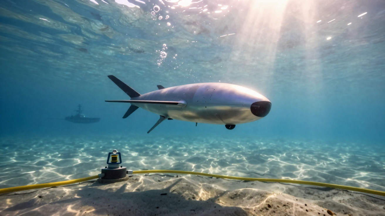 Veículo submarino autônomo metálico em operação no fundo do mar com barco e luz solar ao fundo.
