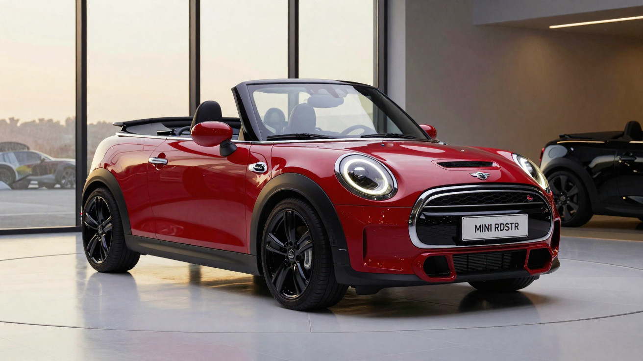 Carro conversível Mini vermelho em exposição interna com rodas pretas e detalhes marcantes.