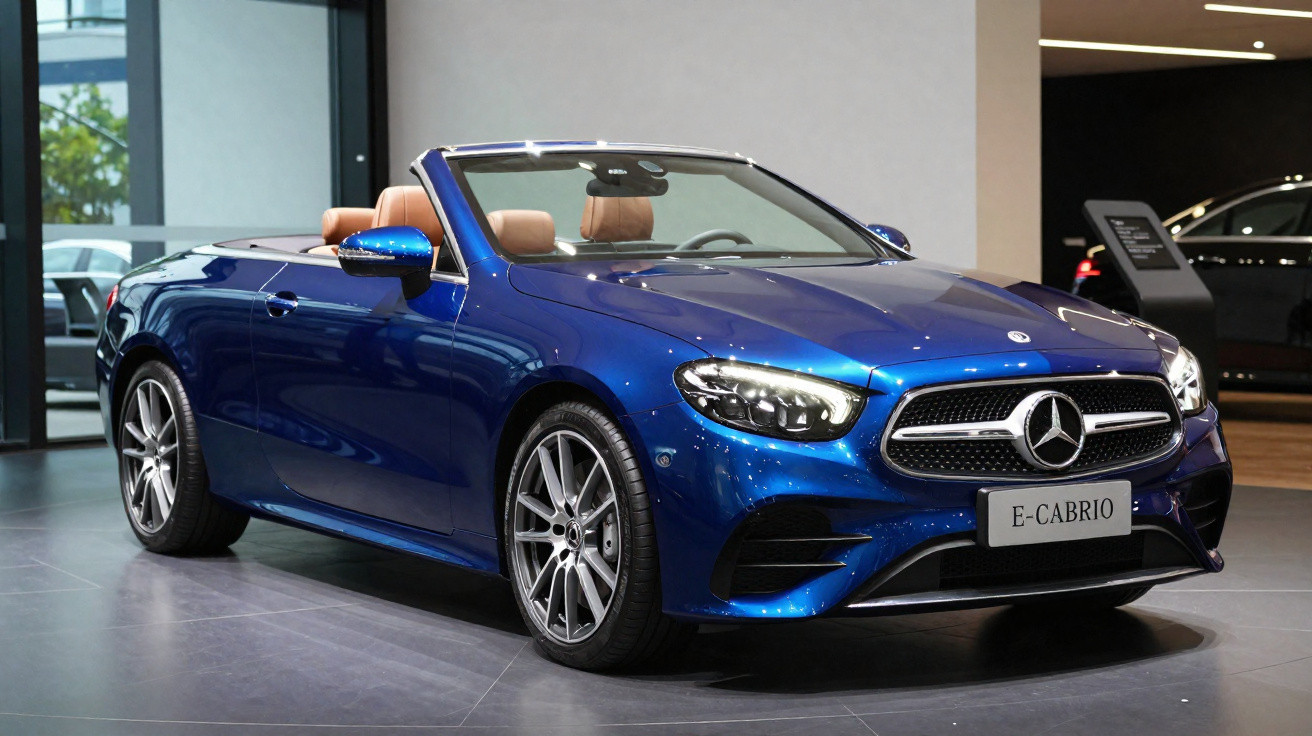 Carro conversível Mercedes-Benz azul metálico exibido em showroom moderno.