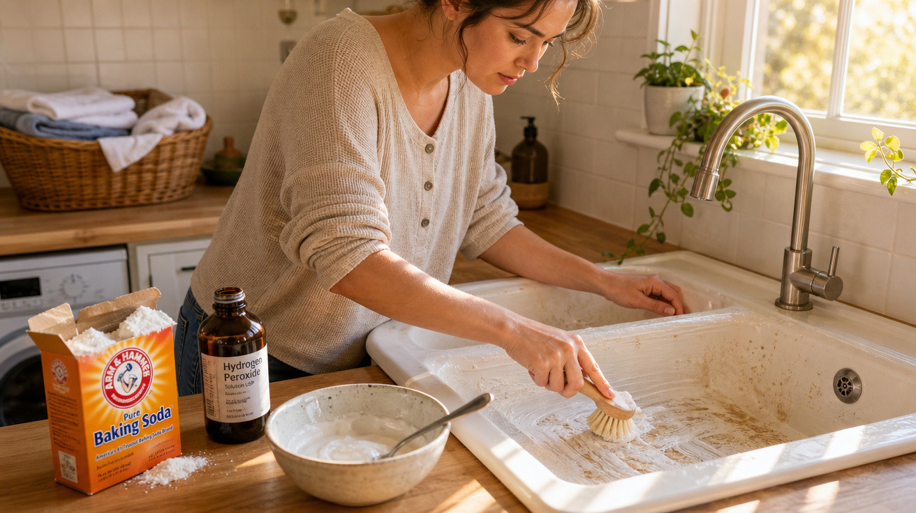 Mulher limpando pia suja com escova e produtos de limpeza naturais em cozinha iluminada.