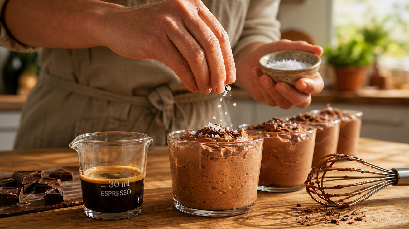 Pessoa salpicando sal em sobremesa de mousse de chocolate ao lado de café espresso em recipiente de vidro.