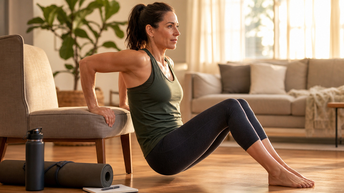 Mulher fazendo exercício de tríceps usando cadeira na sala de estar com garrafa, tapete e caderno no chão.