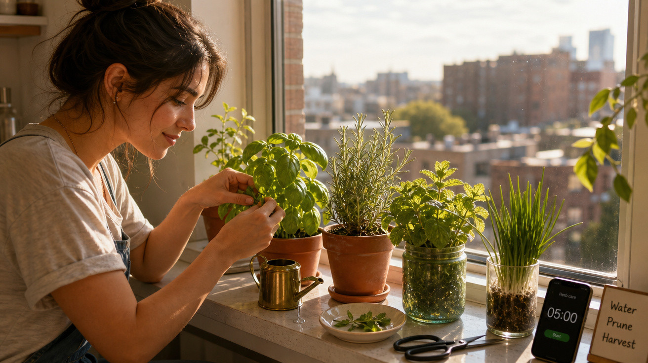 Mulher cuidando de plantas em vasos na janela com cidade ao fundo e regador dourado ao lado.