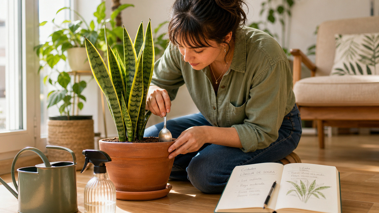 Mulher cuidando de planta suculenta em vaso terra no chão com caderno aberto e regador ao lado.
