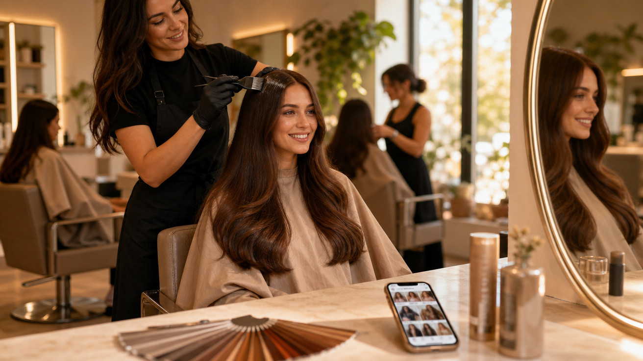 Mulher sorrindo enquanto cabeleireira aplica coloração no cabelo em salão moderno e iluminado.