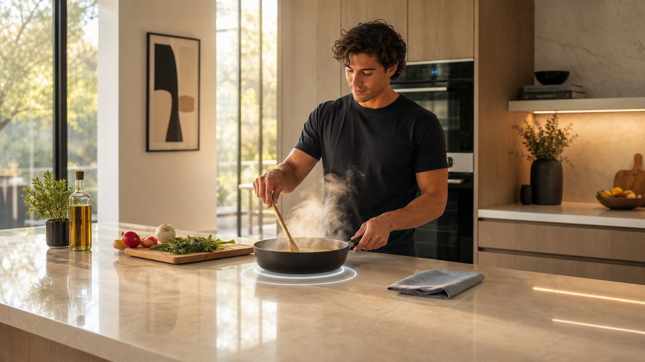 Homem mexendo comida em frigideira com vapor em cozinha moderna e iluminada.