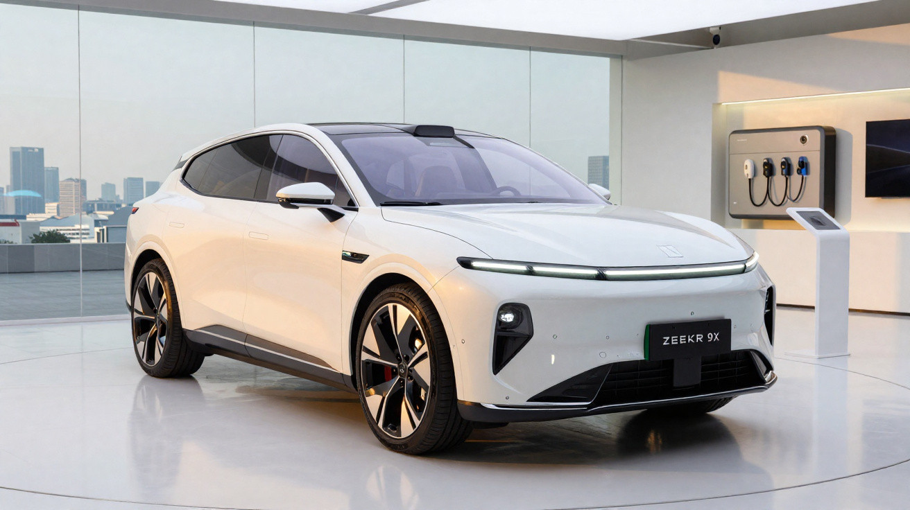Carro elétrico branco Zeekr 9X em exposição, com design moderno e rodas esportivas, ambiente interno iluminado.