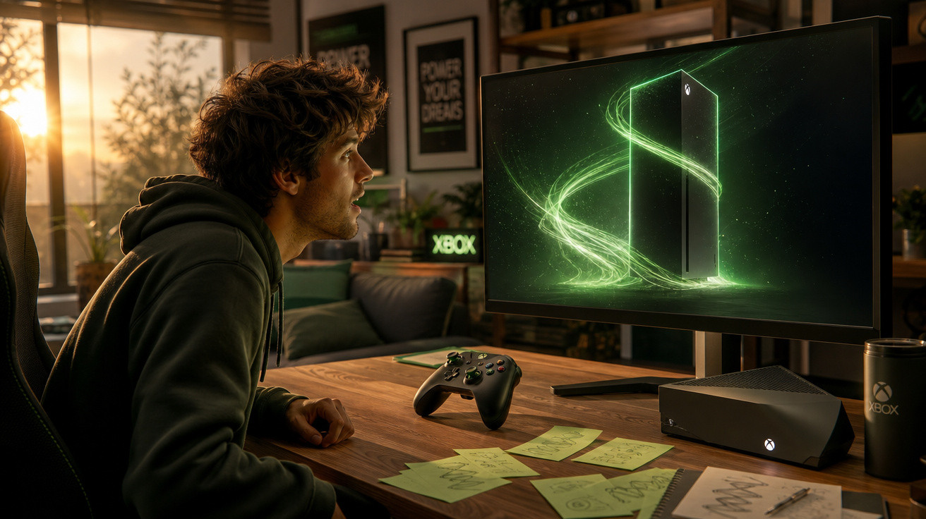 Homem jogando videogame Xbox em sala com luz natural e acessórios na mesa de madeira.