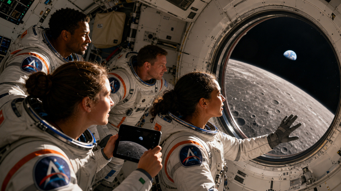 Astronautas observando a superfície lunar e a Terra pela janela da nave espacial.