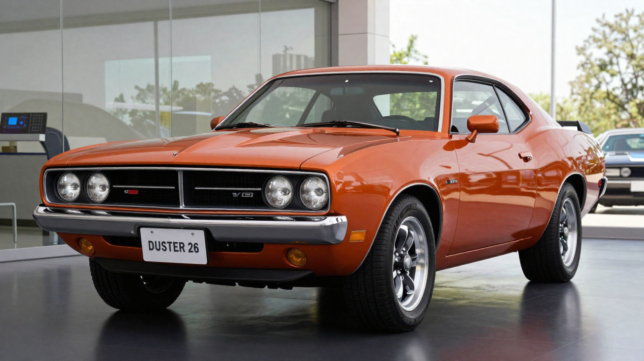 Carro esportivo clássico laranja Duster 26 com grade preta e faróis redondos em exposição interna.