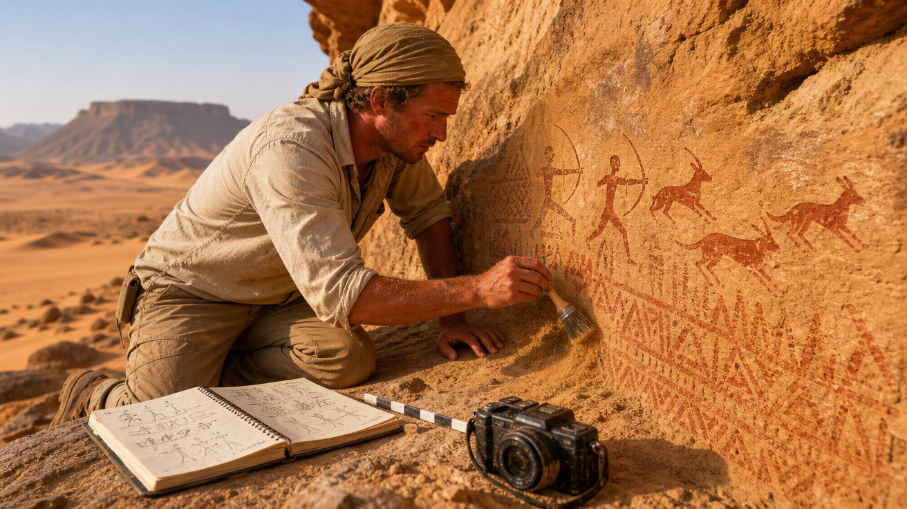Homem com lenço na cabeça limpa pinturas rupestres na parede de pedra no deserto com caderno e câmera ao lado.