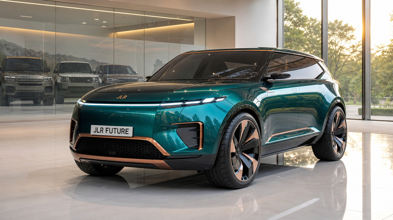 Carro elétrico verde metálico com design futurista exibido em showroom sob luz natural.