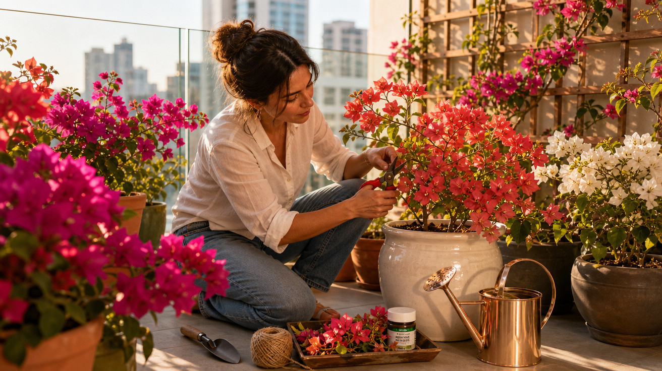 Mulher cuidando de plantas com flores coloridas em varanda ensolarada de apartamento.