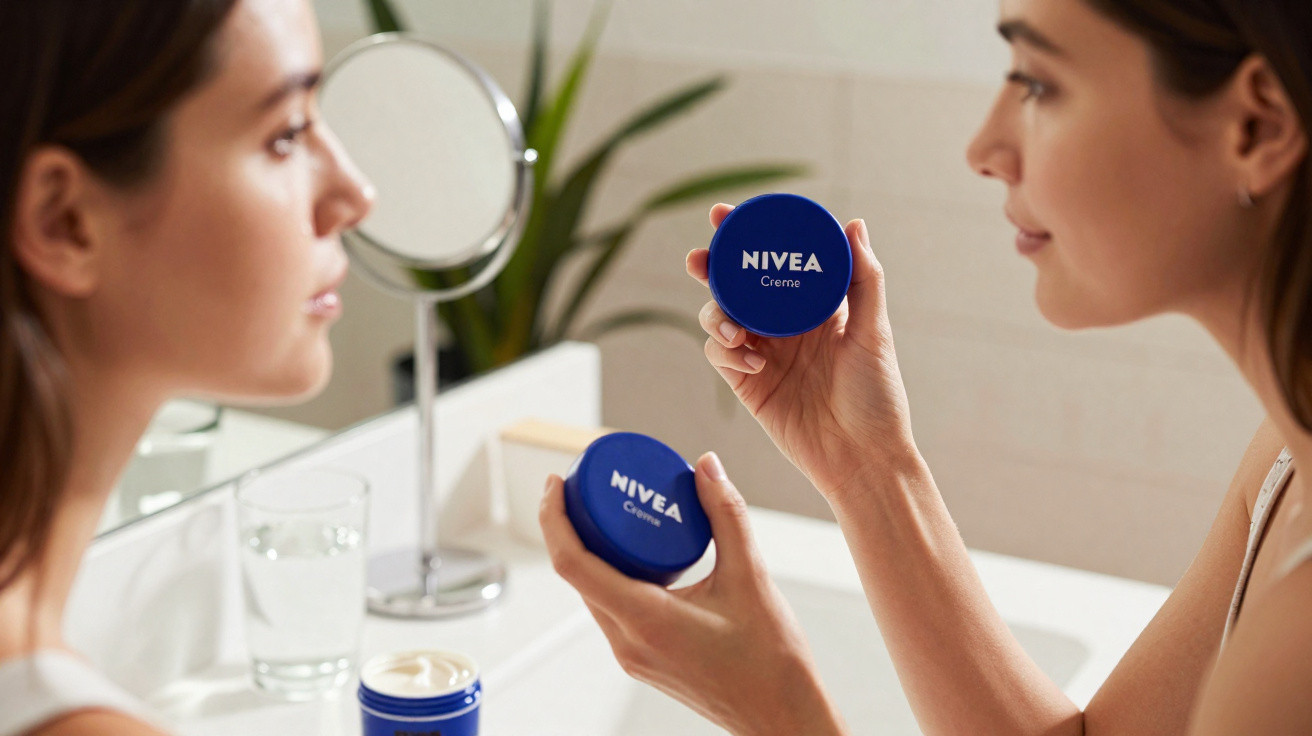 Mulher segurando pote azul de creme Nivea enquanto se olha no espelho do banheiro.