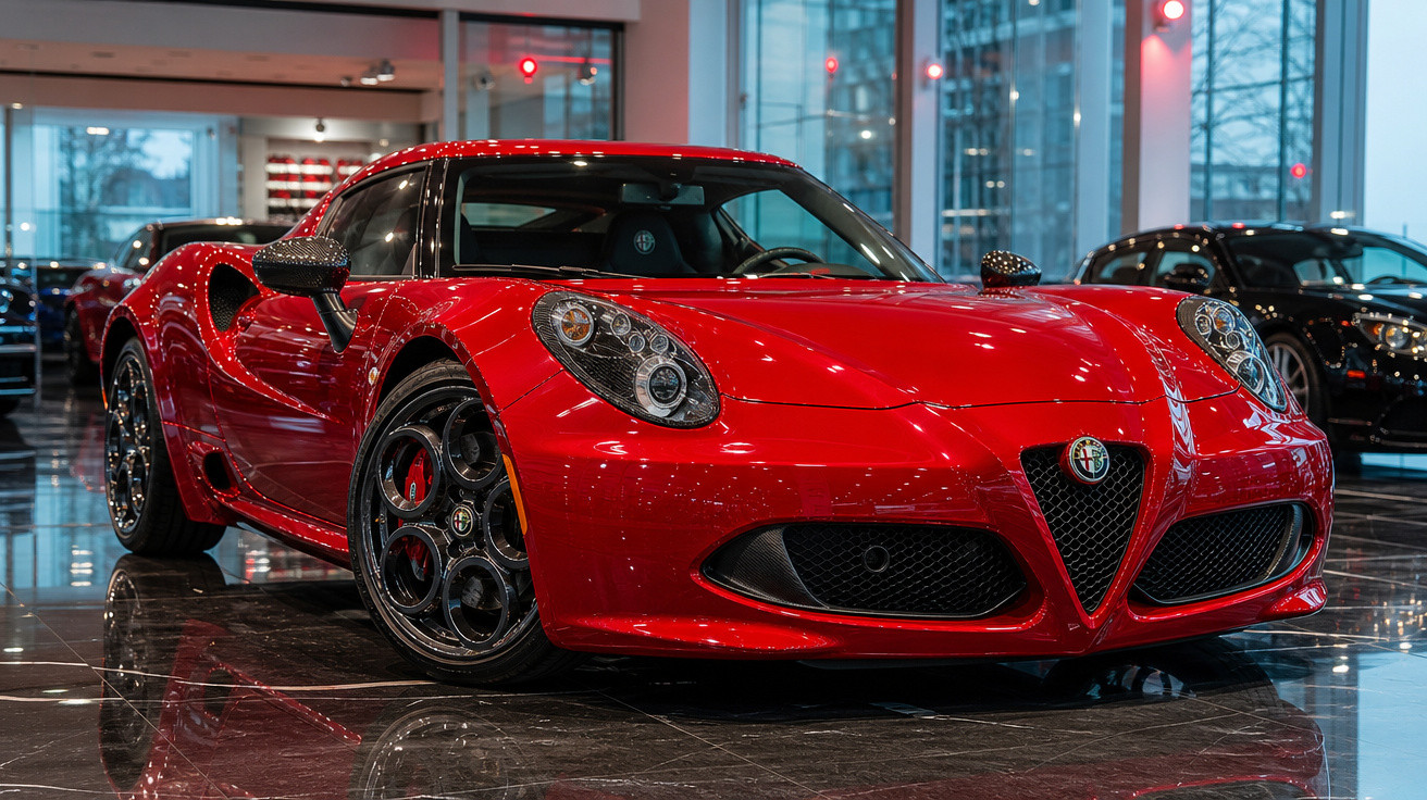 Carro esportivo vermelho Alfa Romeo 4C estacionado em showroom com piso refletivo.