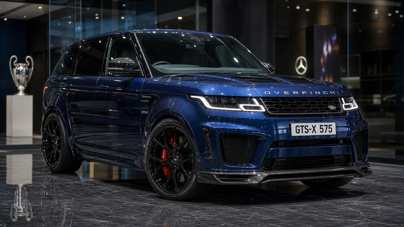 SUV azul luxo Overfinch com rodas pretas e freios vermelhos em piso refletivo dentro de edifício moderno.