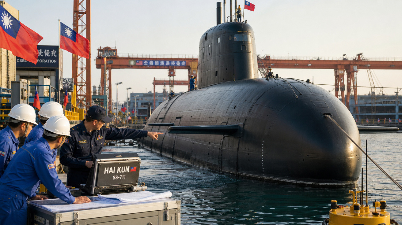 Submarino taiwanês SS-711 Hai Kun ancorado com tripulação trabalhando no cais sob bandeiras de Taiwan.