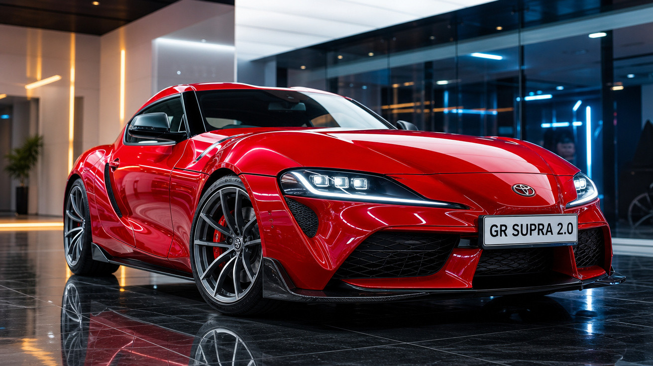 Carro esportivo Toyota GR Supra 2.0 vermelho em ambiente interno com piso refletivo.