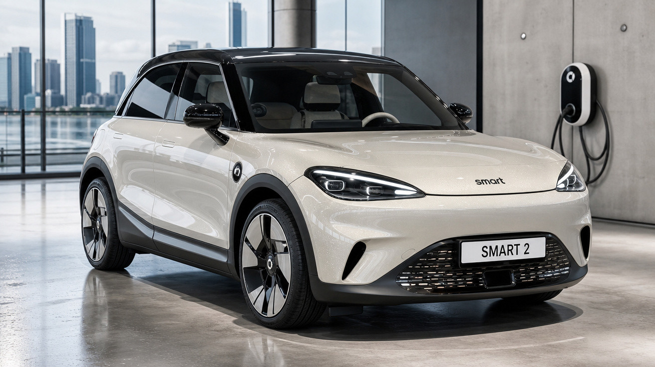 Carro elétrico Smart 2 branco estacionado em garagem moderna com estação de recarga na parede.