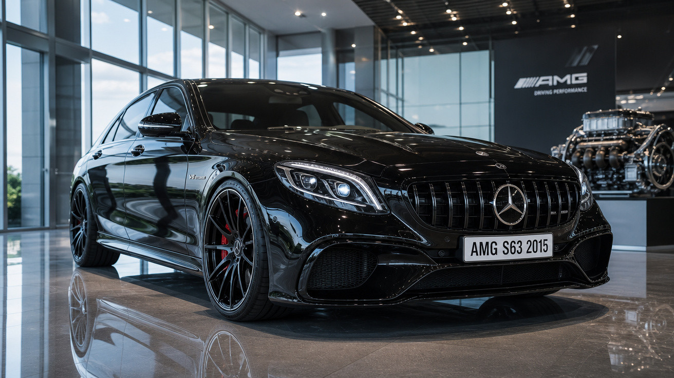Carro preto Mercedes-Benz AMG S63 2015 exibido em showroom com motor exposto ao fundo.