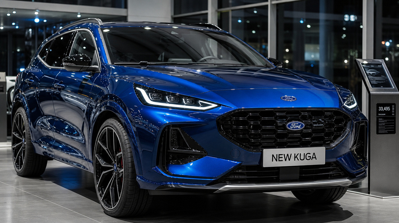 SUV Ford New Kuga azul em exposição noturna em showroom moderno com iluminação ambiente.