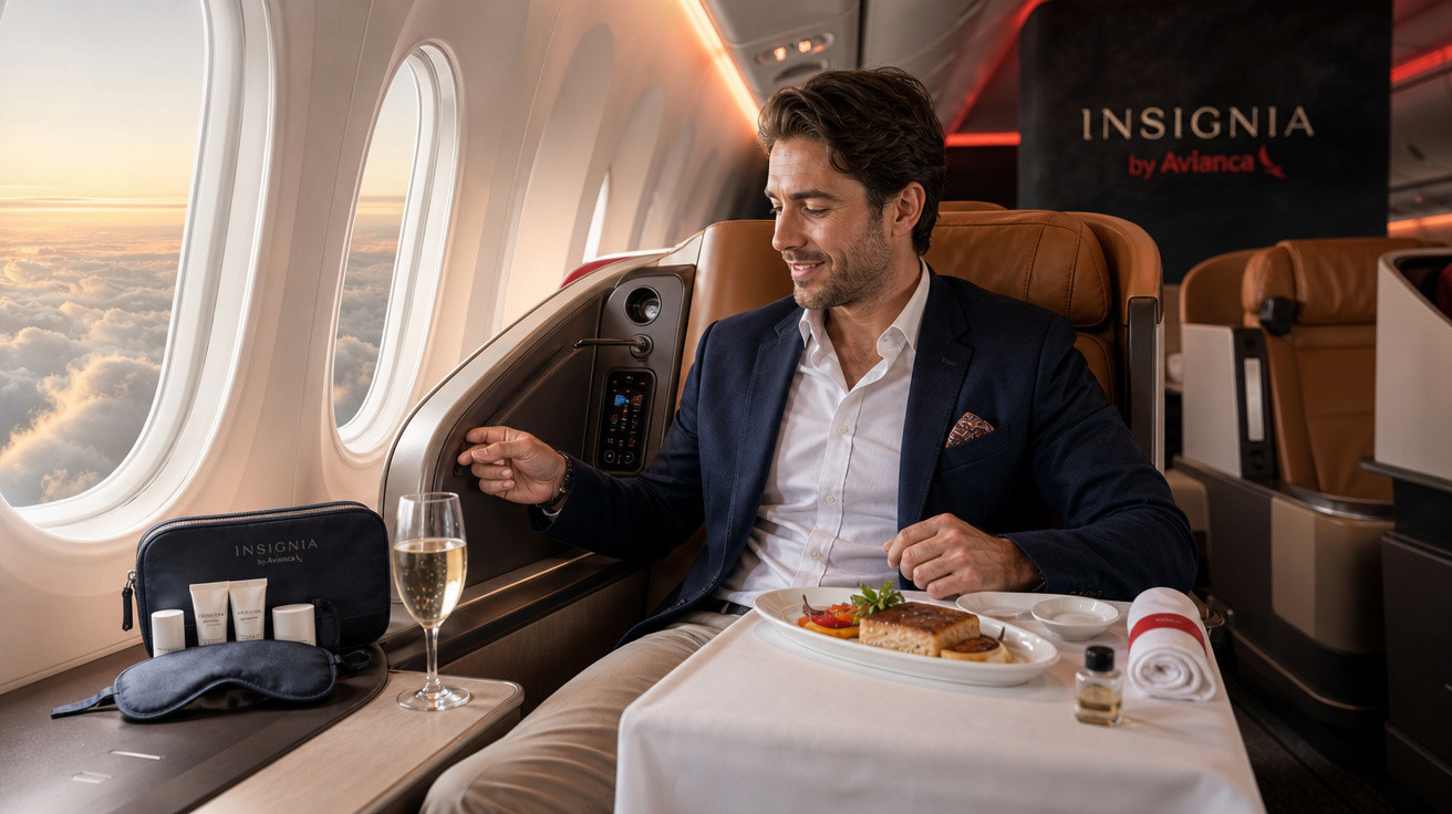 Homem elegante apreciando refeição e taça de champanhe em poltrona de cabine executiva da Avianca.