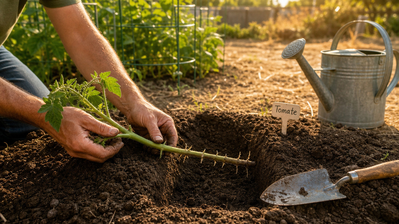 Pessoa plantando muda de tomate em solo preparado, regador e pá ao lado em horta ensolarada.