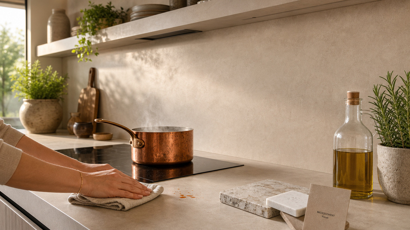 Pessoa limpando bancada de cozinha com pano, panela de cobre soltando vapor no fogão e plantas decorativas.