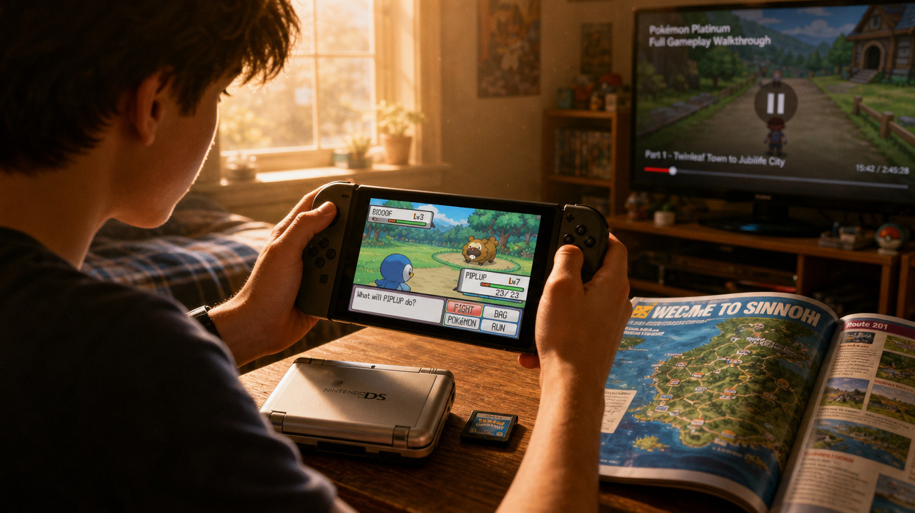Pessoa jogando Pokémon em console portátil, com revista e vídeo de jogo de Pokémon na TV ao fundo.