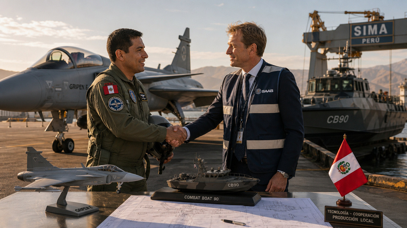 Dois homens apertam as mãos em um porto com maquetes de avião e barco militar sobre a mesa, bandeira do Peru ao lado.