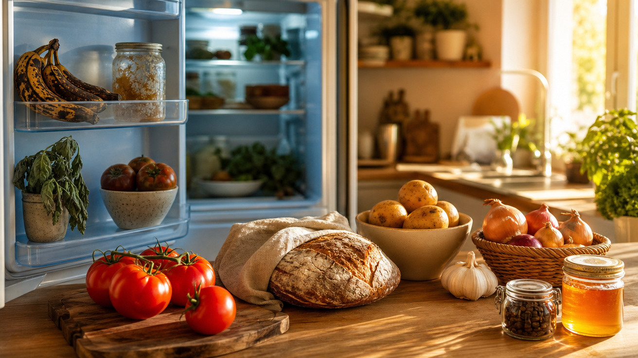 Geladeira aberta com alimentos frescos e mesa de cozinha com pão, tomates, batatas, cebolas e condimentos.