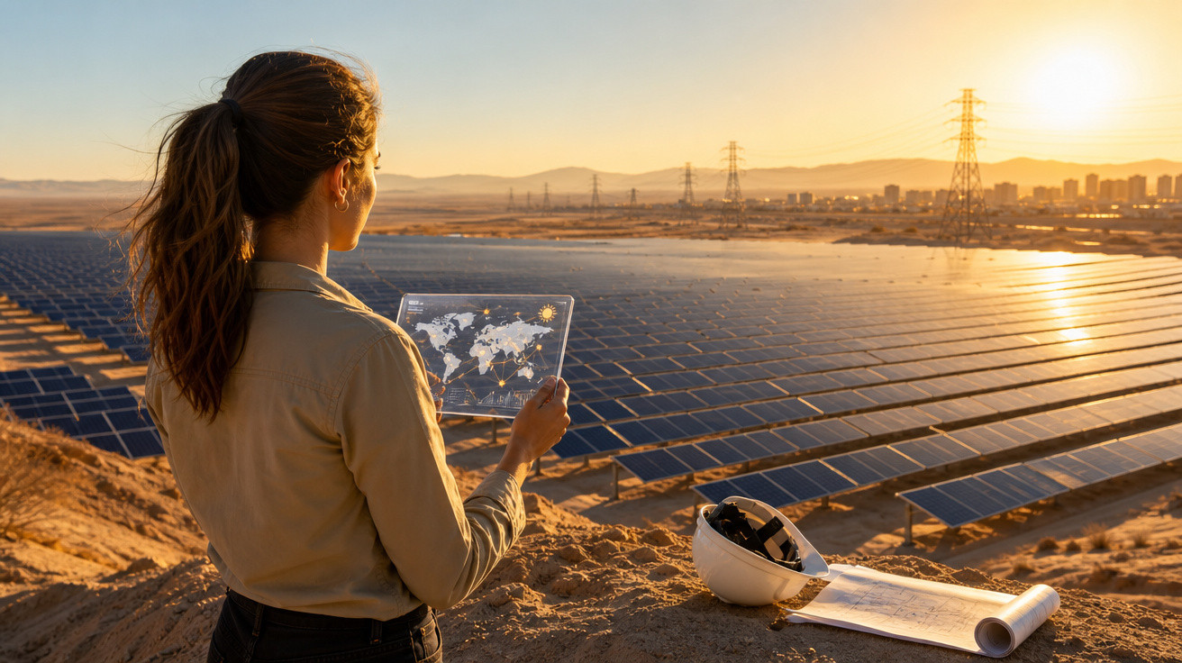 Mulher observando painel solar ao pôr do sol com tablet, capacete e planta sobre o deserto.