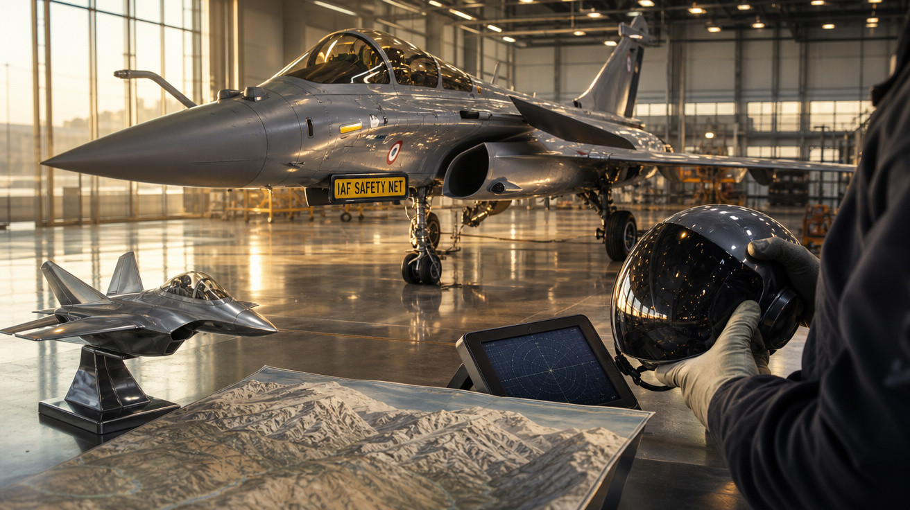 Caça militar em hangar com mapa, miniatura de avião, tela de radar e pessoa segurando capacete preto.