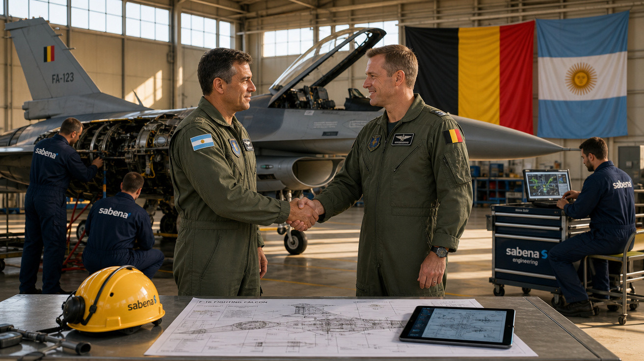 Dois pilotos militares apertando as mãos em hangar com caça e mecânicos ao fundo, bandeiras da Bélgica e Argentina.