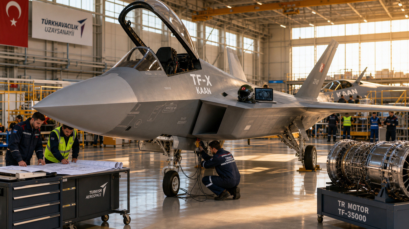 Avião de caça TF-X Kaan em hangar com técnicos realizando manutenção e motores expostos ao lado.
