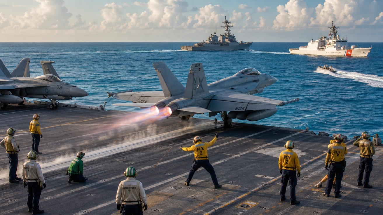 Caça F-18 decola de porta-aviões com equipe em deck no mar e navios militares ao fundo.