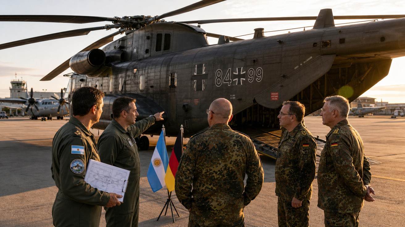 Cinco militares de Argentina e Alemanha em conversa diante de helicóptero militar preto no aeroporto ao entardecer.