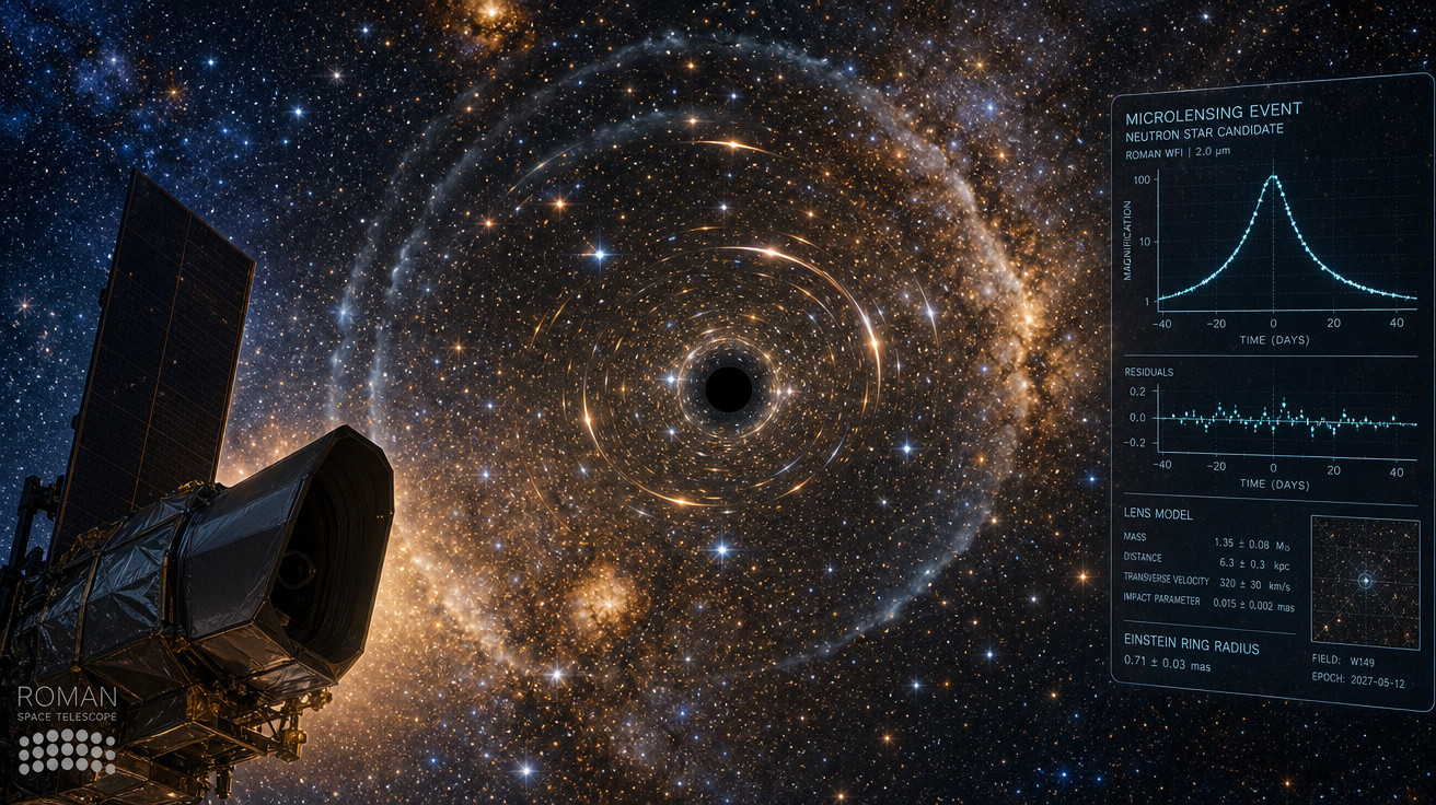 Telescópio espacial observando anel de luz ao redor de buraco negro com gráficos de evento de microlente gravitacional.