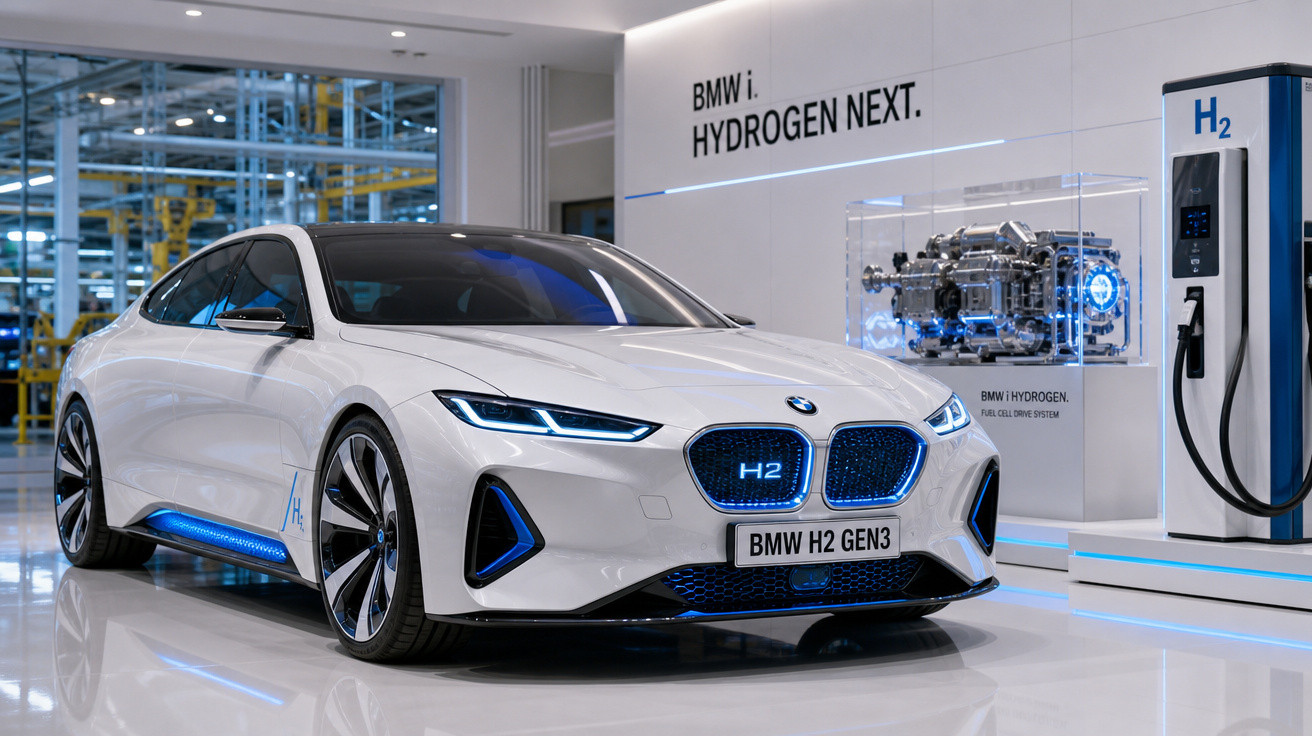 Carro conceito BMW branco movido a hidrogênio estacionado em posto de recarga futurista em showroom.