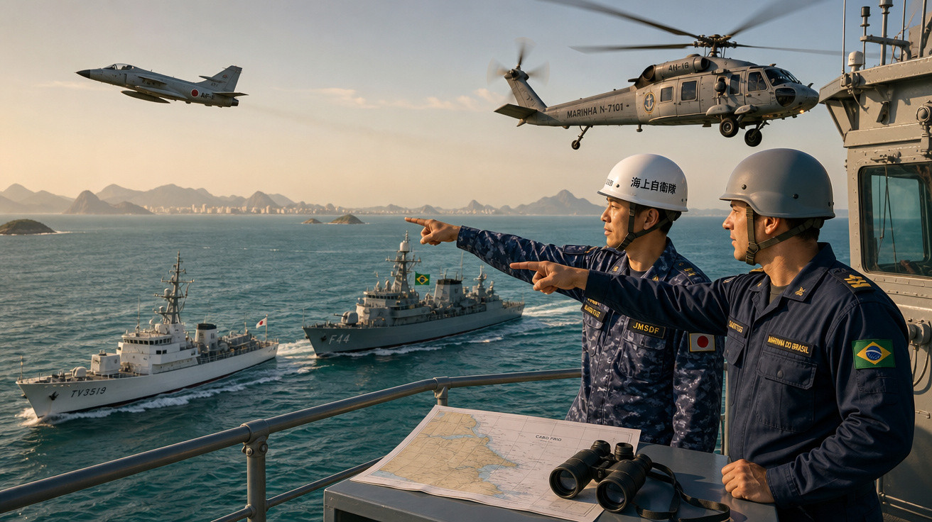 Dois militares apontam para um caça voando, com navios e um helicóptero sobre o mar ao fundo.