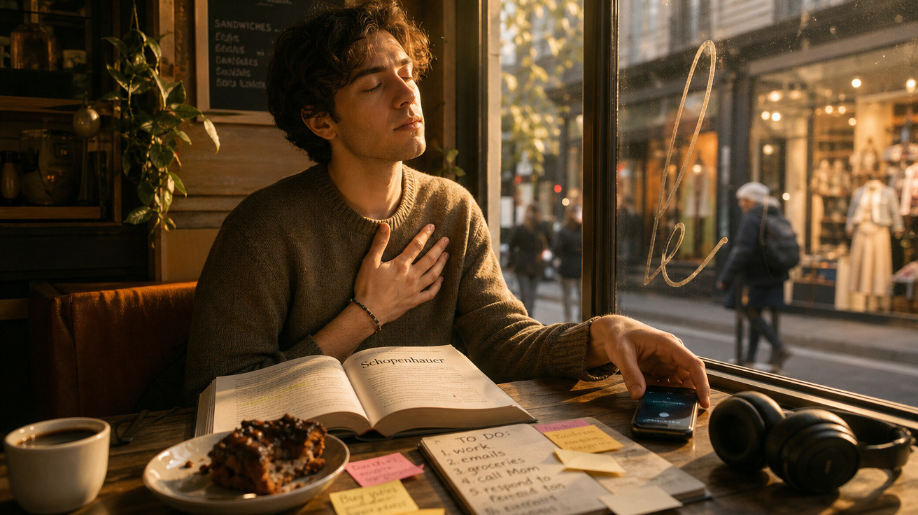 Jovem sentado em cafeteria, lendo livro e ouvindo música, cercado por café, bolo e anotações à mesa.