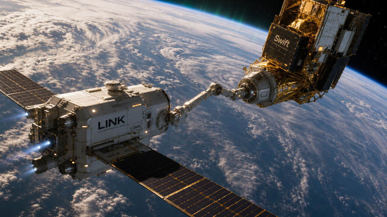 Dois satélites conectados por braço robótico em órbita terrestre com a Terra ao fundo.