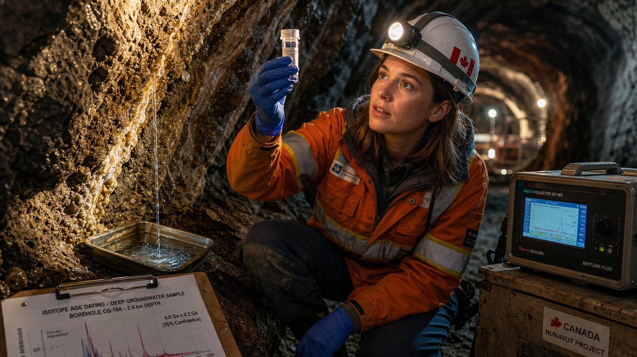 Mulher cientista com capacete e luvas analisa amostra em caverna durante pesquisa geológica no Canadá.