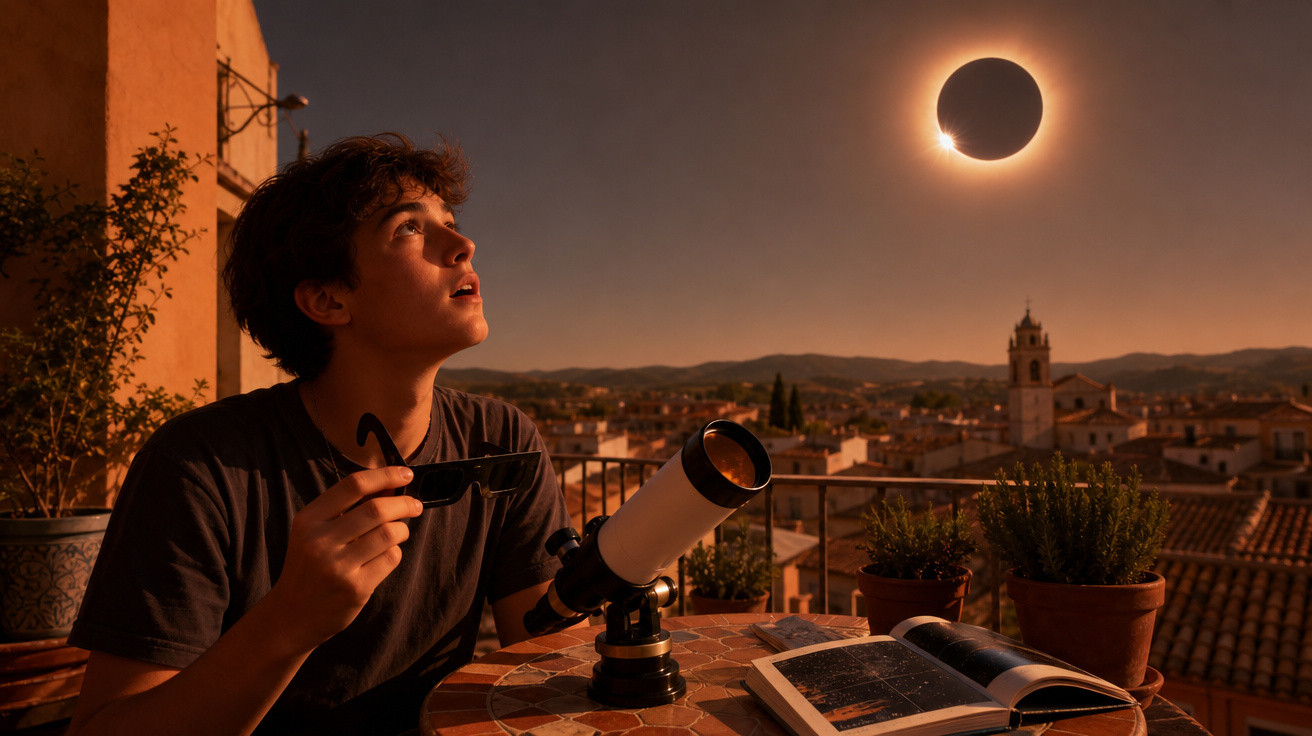 Jovem observa eclipse solar com telescópio e óculos especiais em varanda com cidade ao fundo ao entardecer.