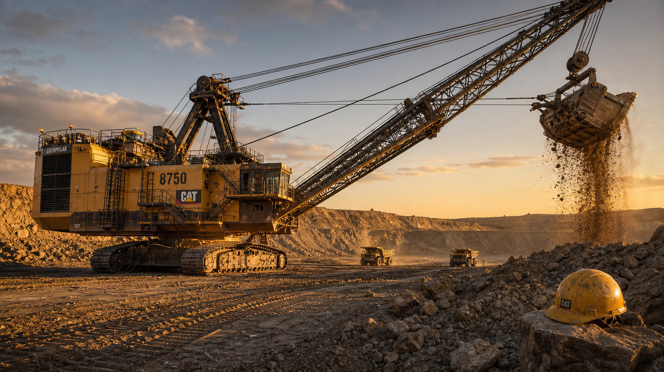 Máquina escavadeira Caterpillar grande em mineração aberta ao amanhecer, com capacete de segurança amarelo no chão.