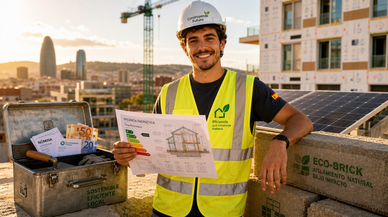 Homem com capacete e colete refletivo mostra planta de eficiência energética em obra sustentável ao ar livre.